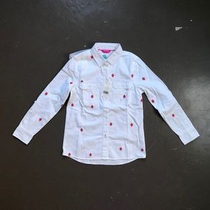 Mini Boden Embroidered Strawberry Button Down Shirt 11-12Y